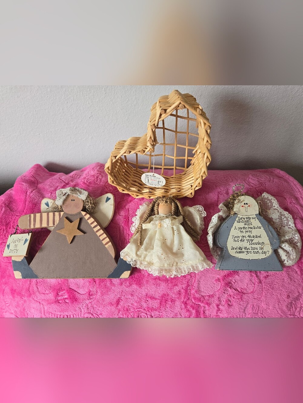 CottageCore Angel Décor Trio with Wicker Heart Basket